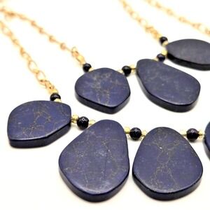 Natural Stone Slab and Glass Beaded Two-Strand Blue and‎ Gold Tone Necklace